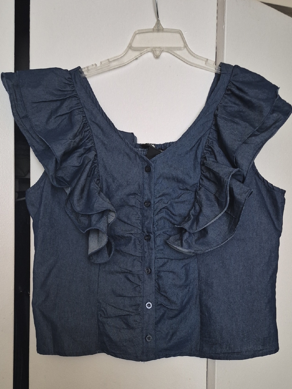 Ashley Stewart Dark Blue Ruffle Button-Front Blouse